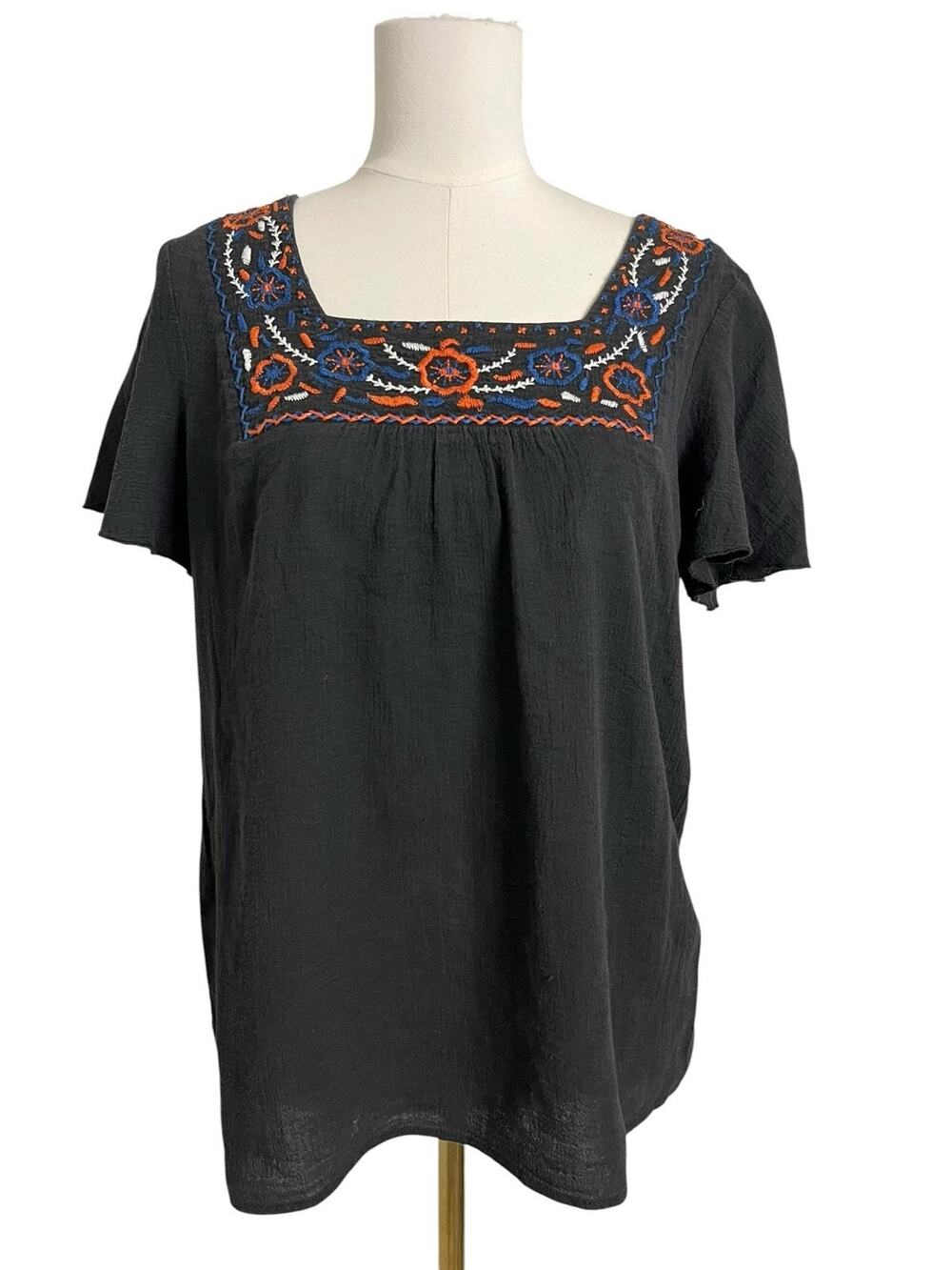Notations Tunic Blouse Womens M Black Embroidered Flutter Sleeve Boho Cotton Top